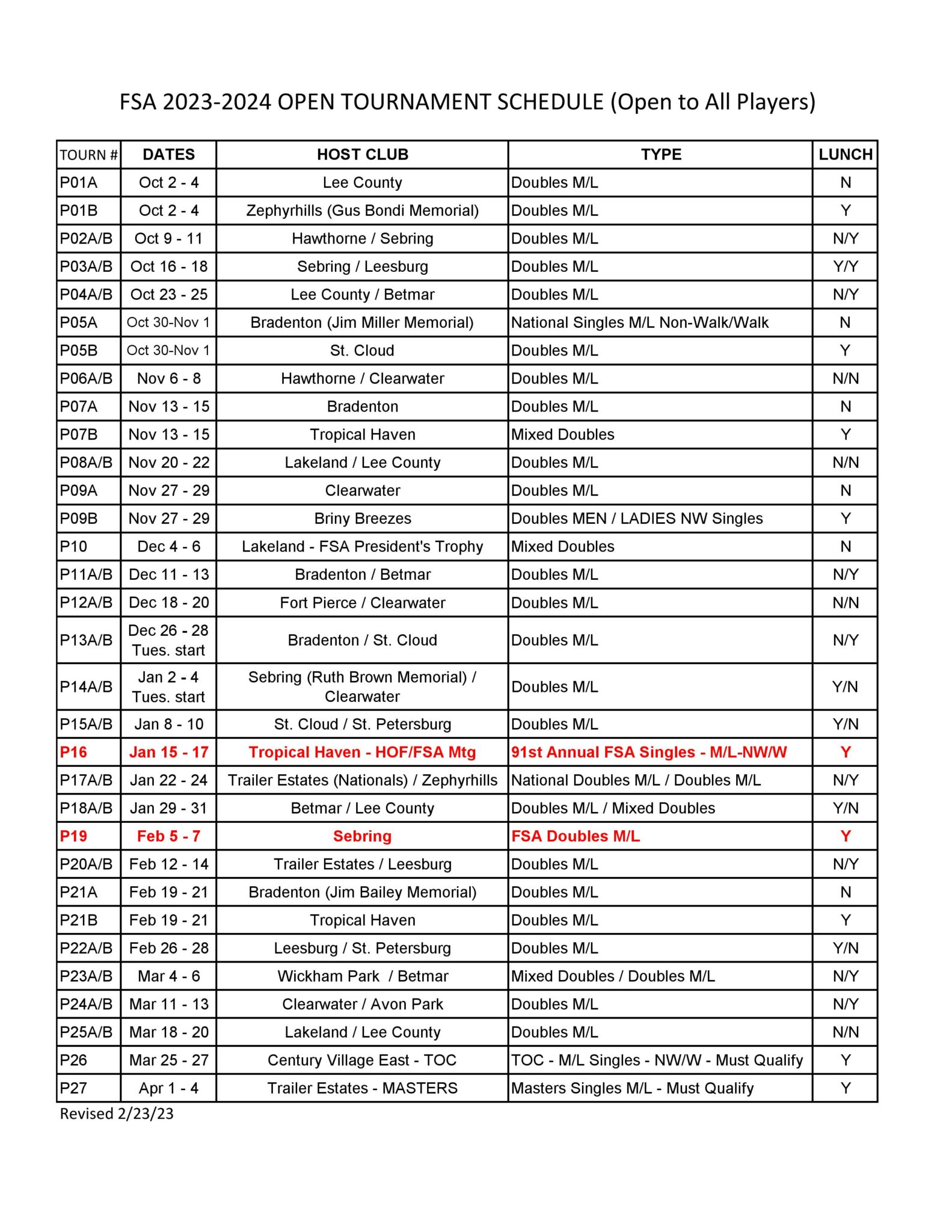 Tournament Schedules Clearwater Shuffleboard Club