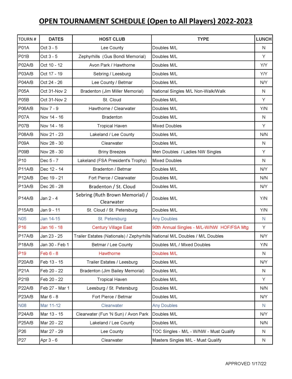 Schedules - Clearwater Shuffleboard Club