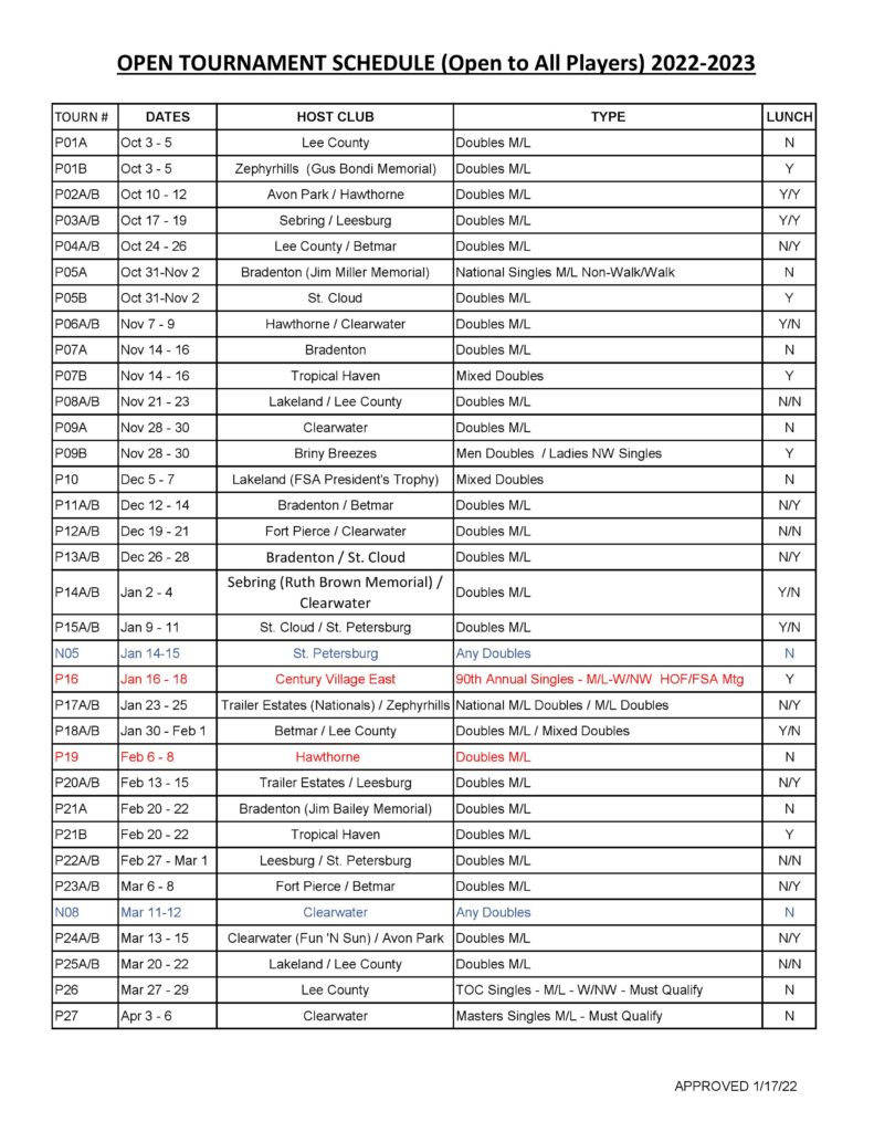 Schedules - Clearwater Shuffleboard Club